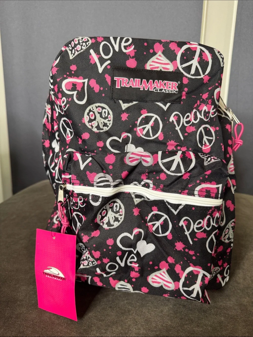 TrailMaker Classic Black Pink Peace & Love Backpack Padded Adjustable Straps NEW